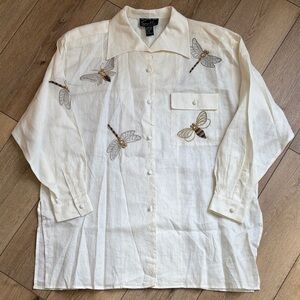Vtg Suzelle Womens Shirt Sz 14 Embroidered Button Down Shoulder Pads Dragonfly